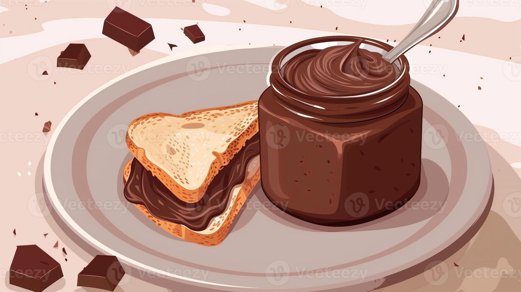 Open jar of cocoa spread with portion spread on slice of bread on plate, food setting photo