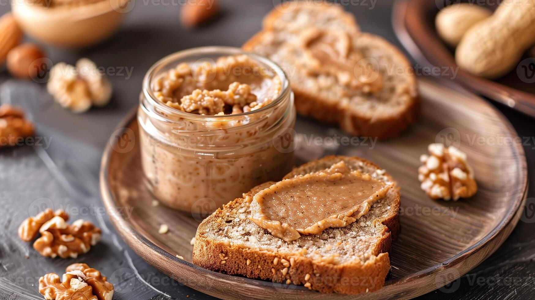 Open jar of nut-free spread with a portion on a slice of bread on a plate, meal photography photo