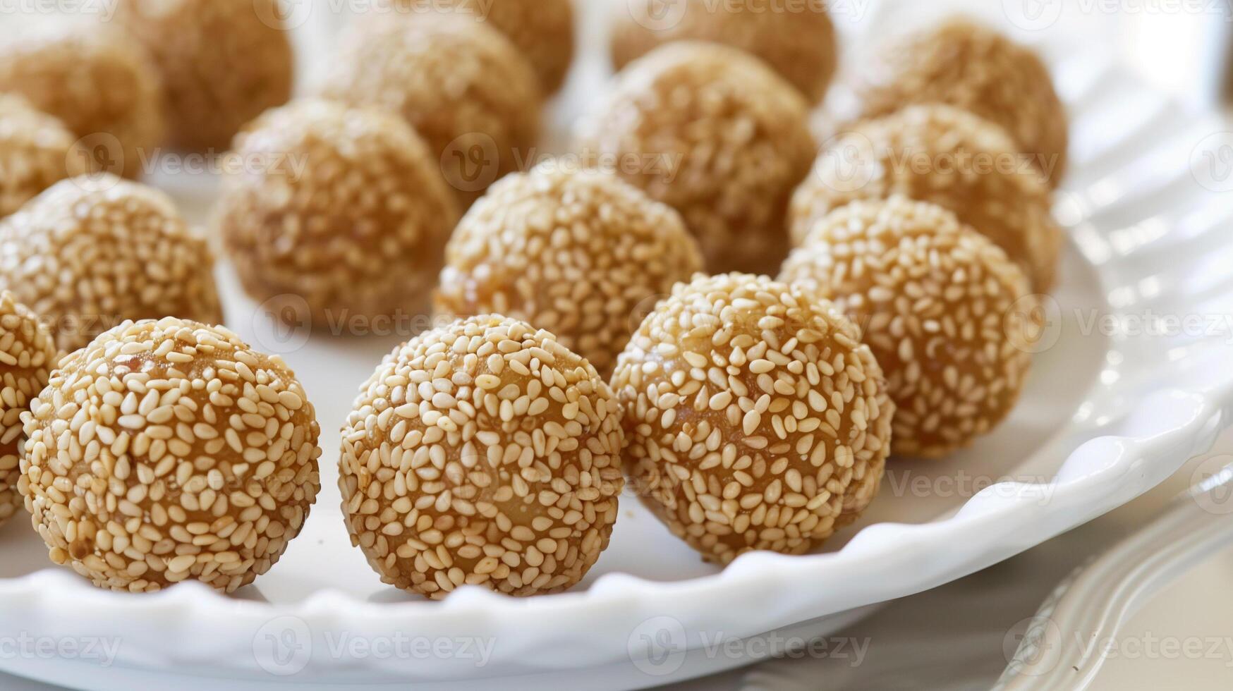 Round sesame balls with crisp exterior on a white serving dish, meal photography photo