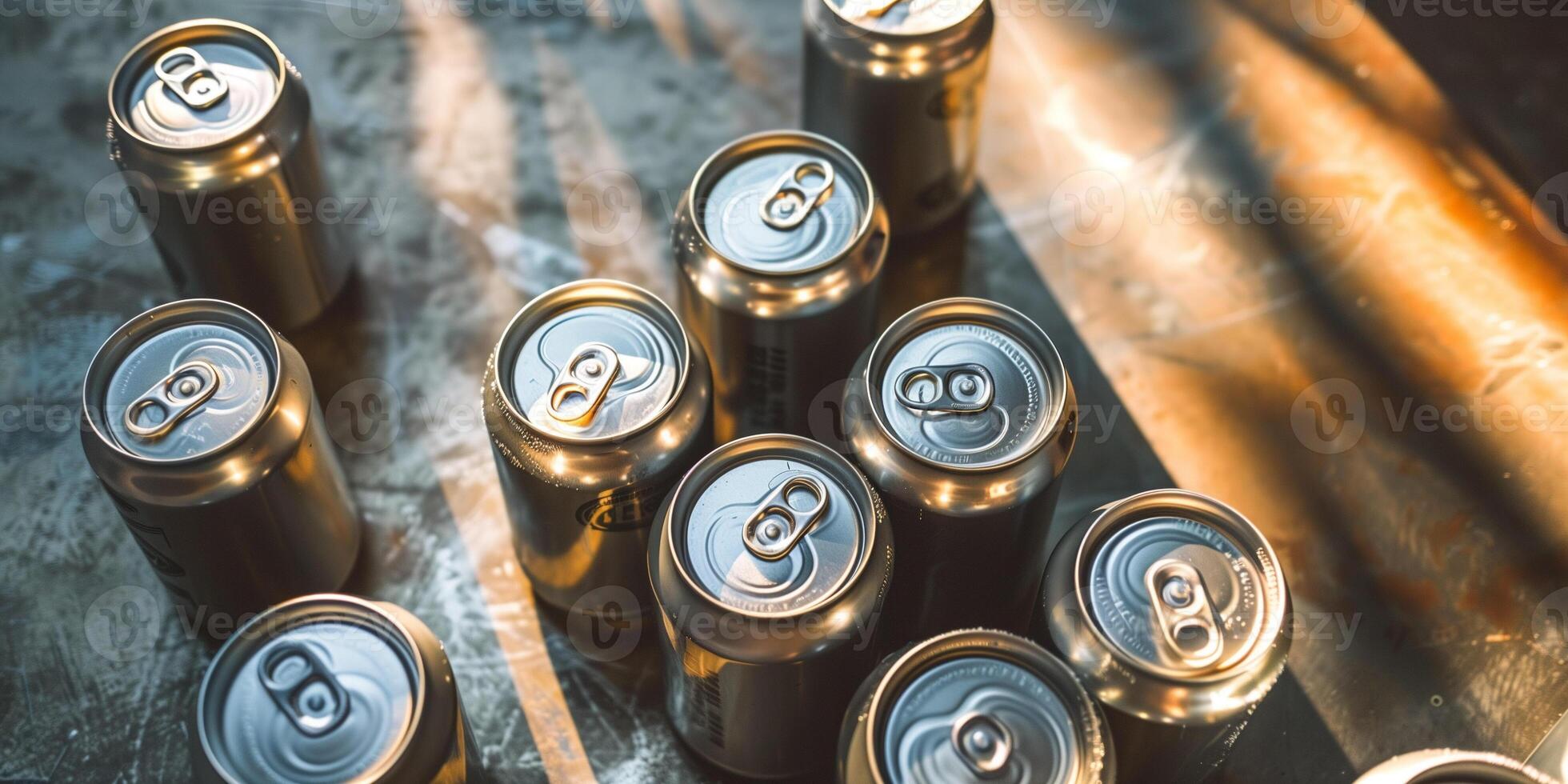 Several cans of ale arranged on a metallic table under direct light, meal photography photo