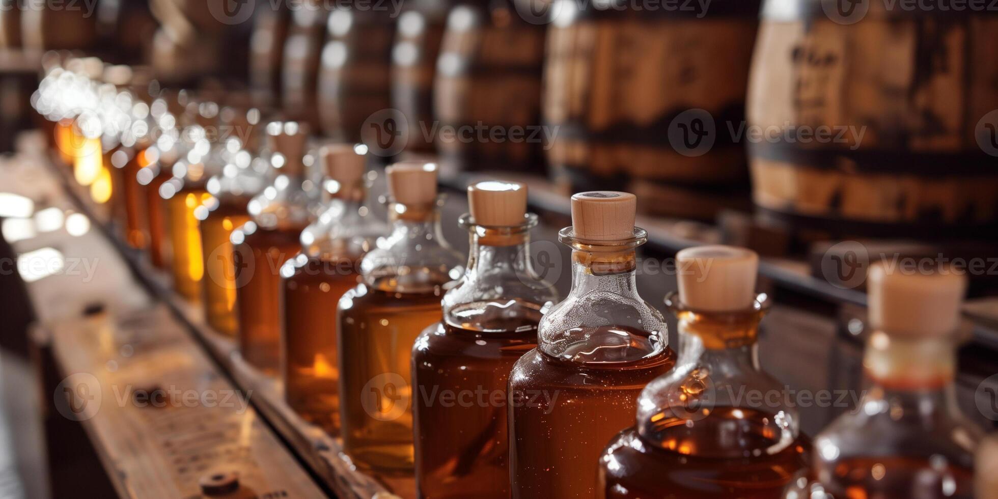 Row of small-batch bottles in a craft distillery, with visible condensation, food setting photo