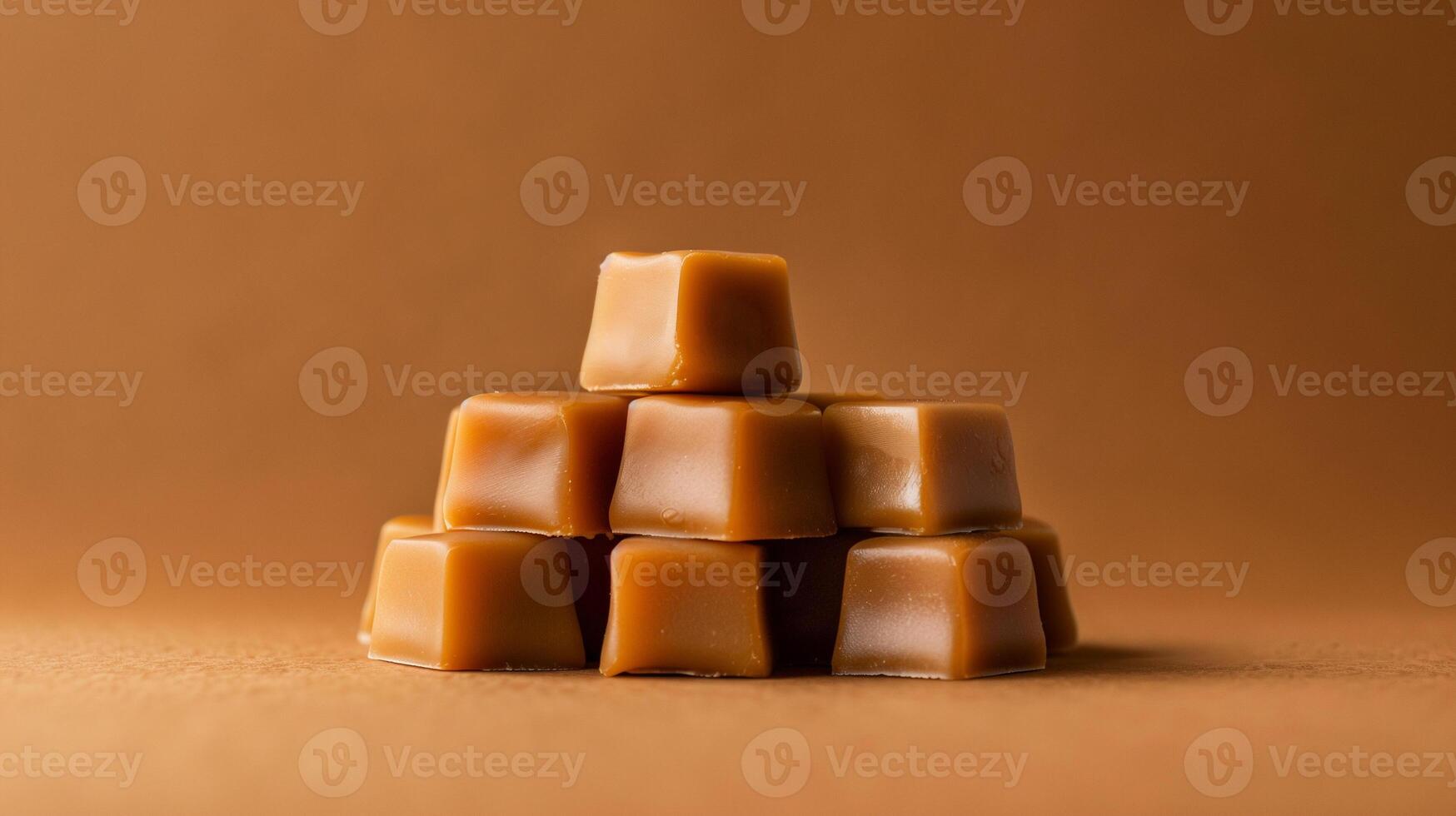 Several caramel candies arranged in a pyramid shape on a flat background, emphasizing their consistent form, food setting photo