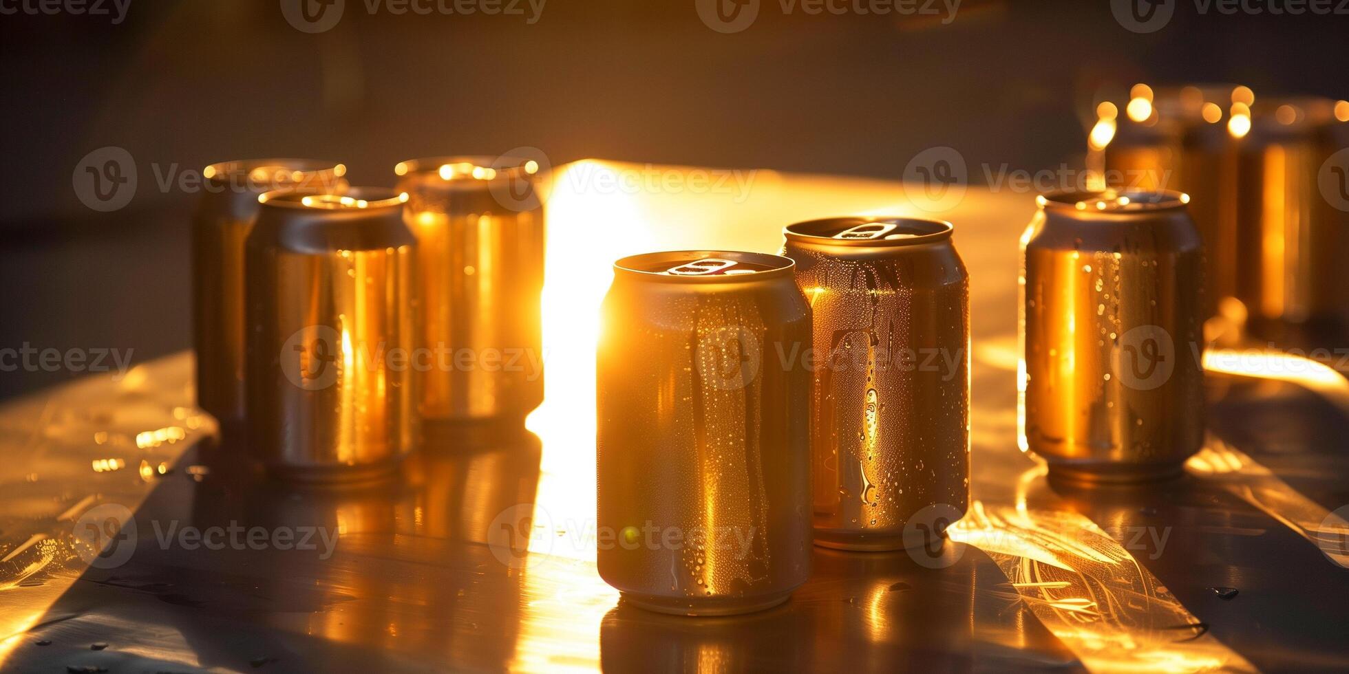 Several cans of ale arranged on a metallic table under direct light, food setting photo