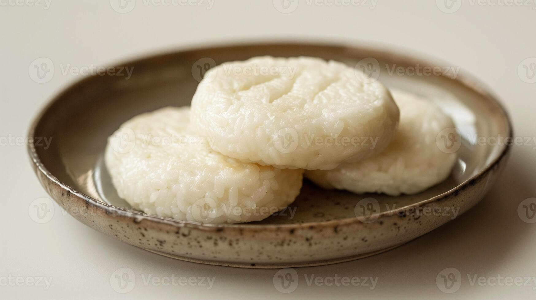 Chewy rice cakes with smooth exterior on a minimalist plate, food setting photo