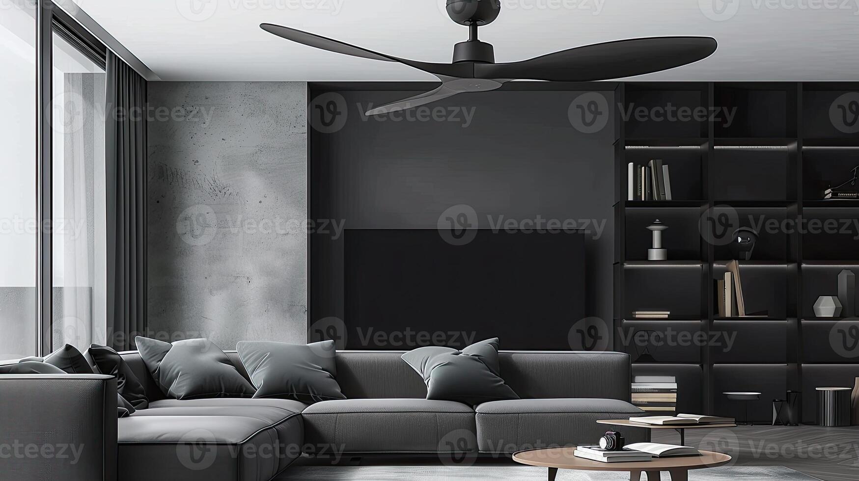 A modern living room with a black ceiling fan photo