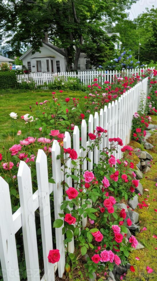 A white picket fence with pink roses growing in front of it photo