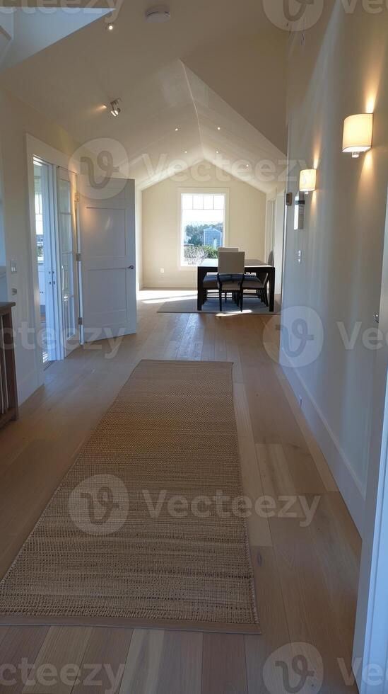 A hallway with a rug and a door photo