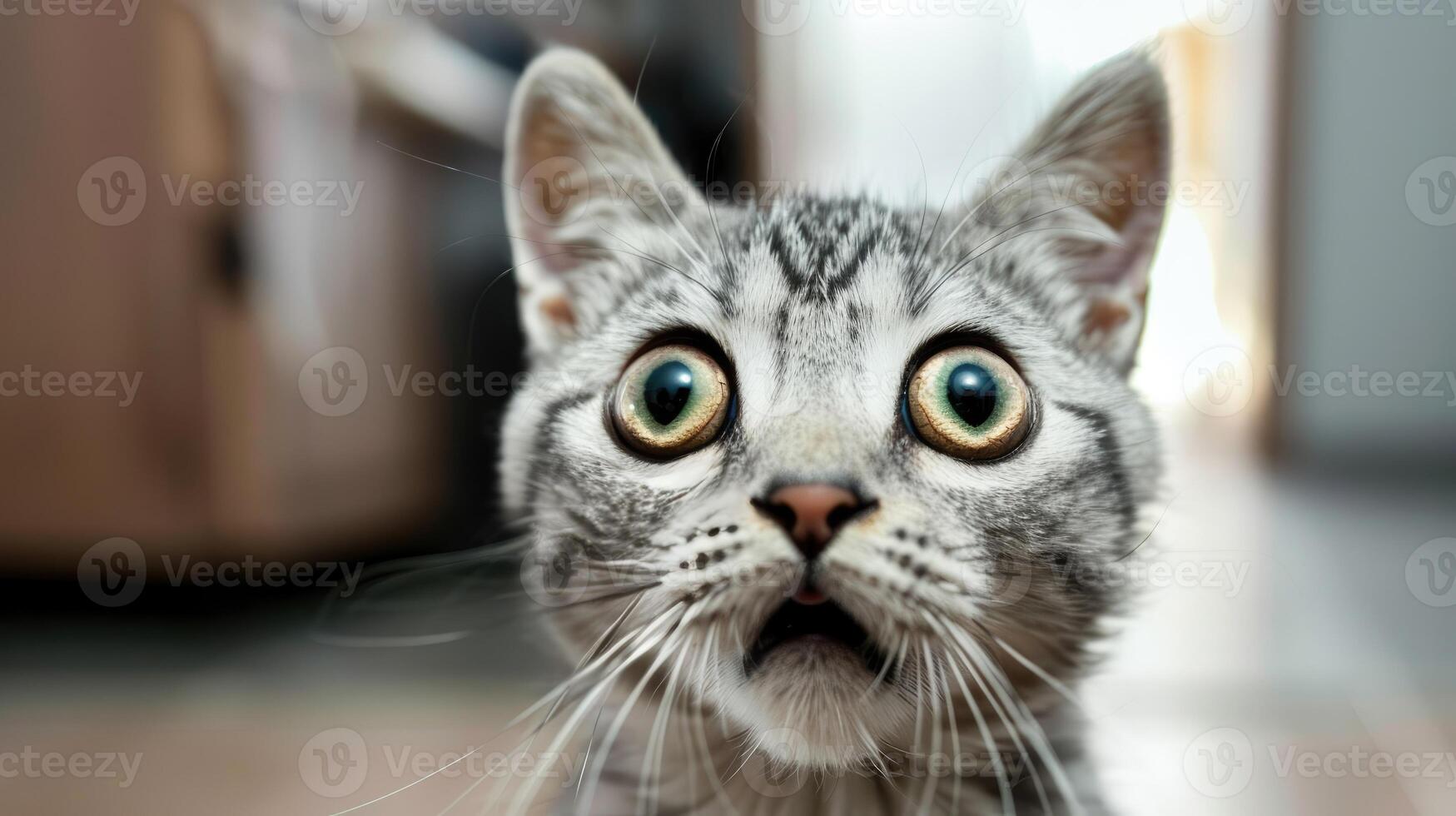 A cat with big eyes looking up at the camera photo