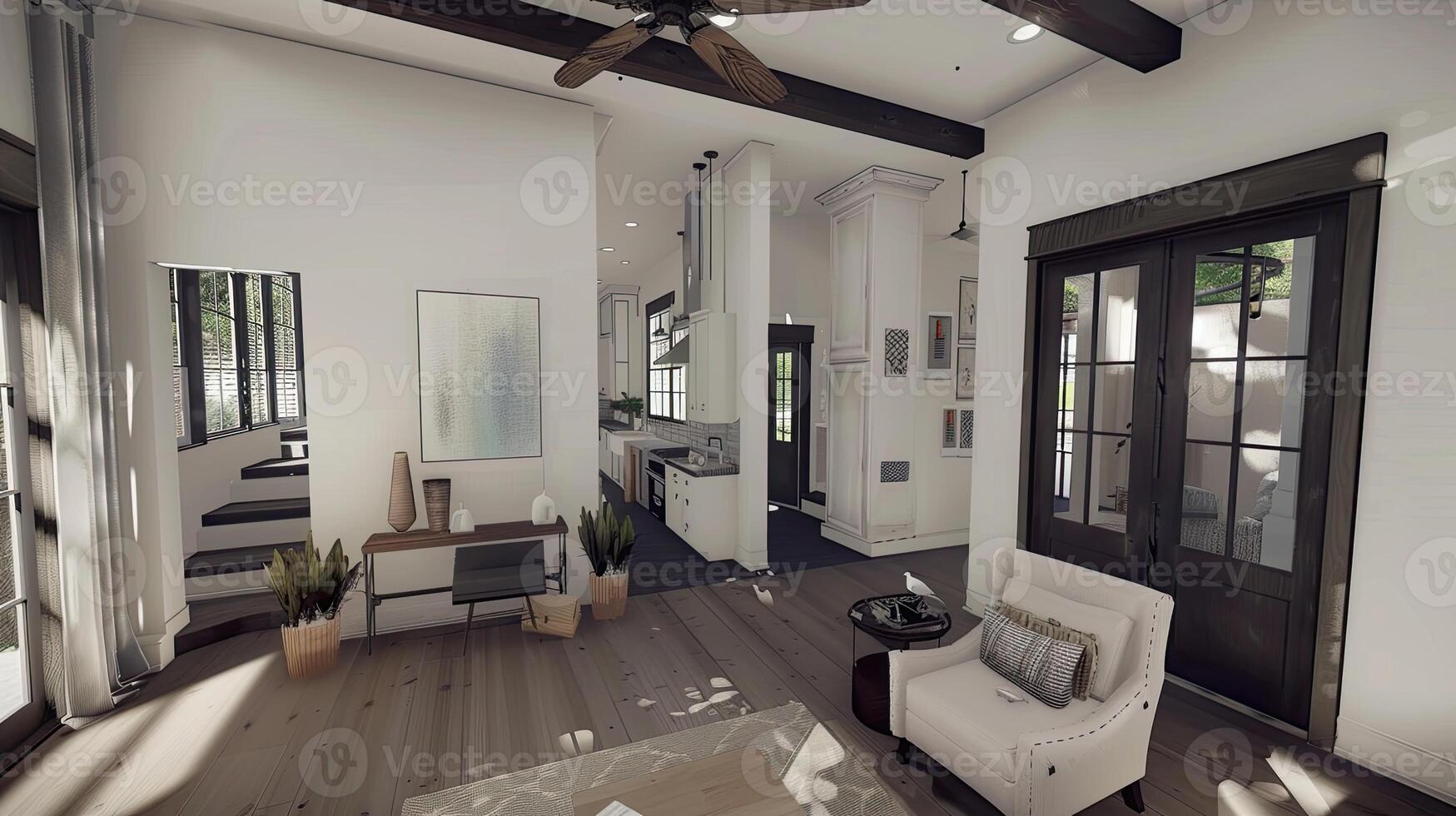 A 3d rendering of a living room with a ceiling fan photo