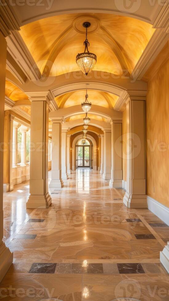 A long hallway with marble floors and a ceiling photo