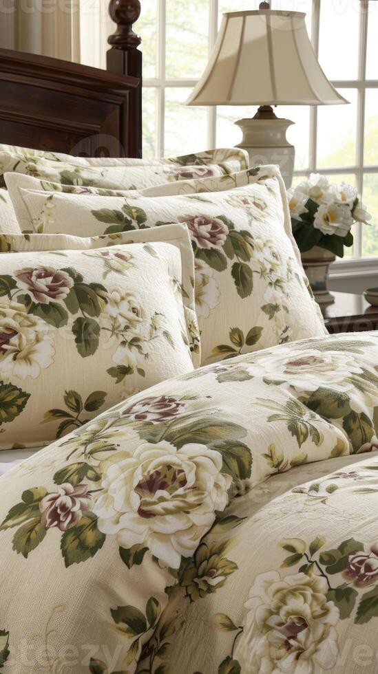 A bed with a floral pattern photo