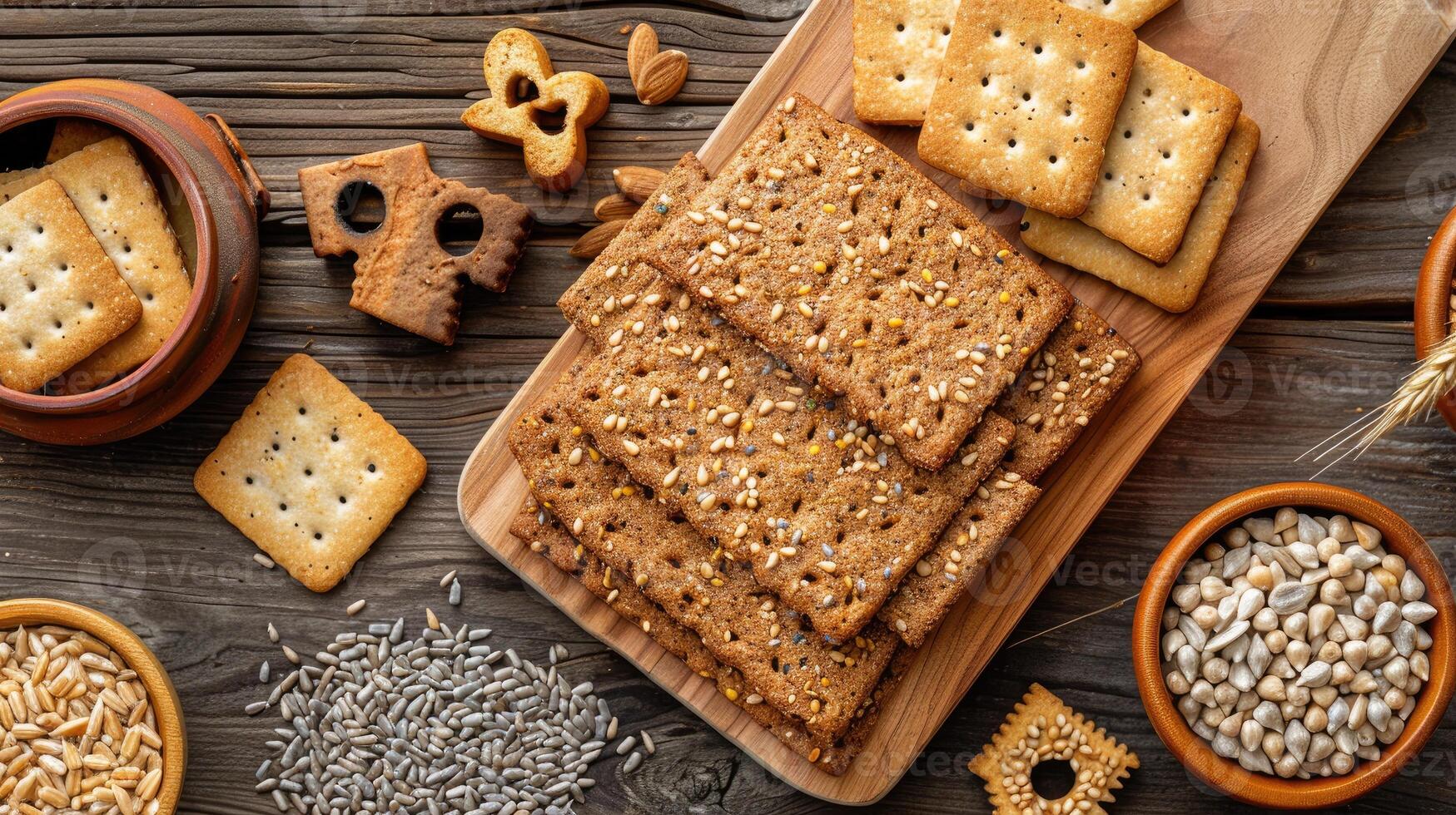 A variety of crackers and other foods on a wooden table photo