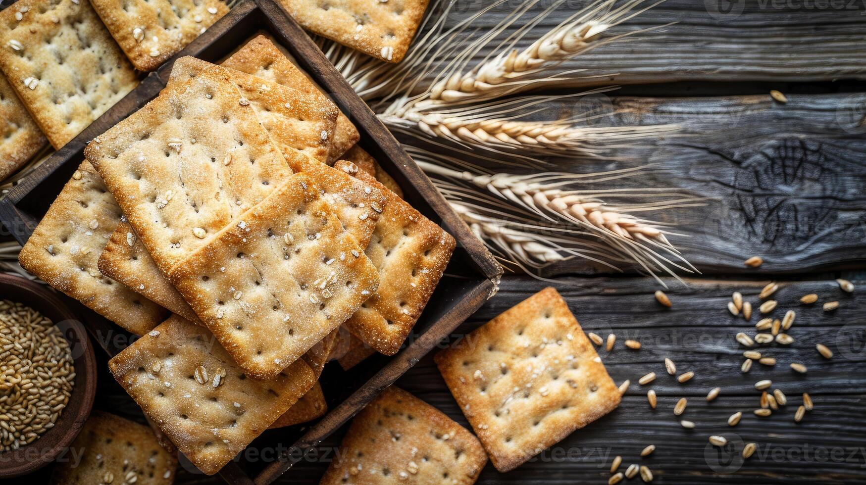 Crackers and wheat on a wooden table photo