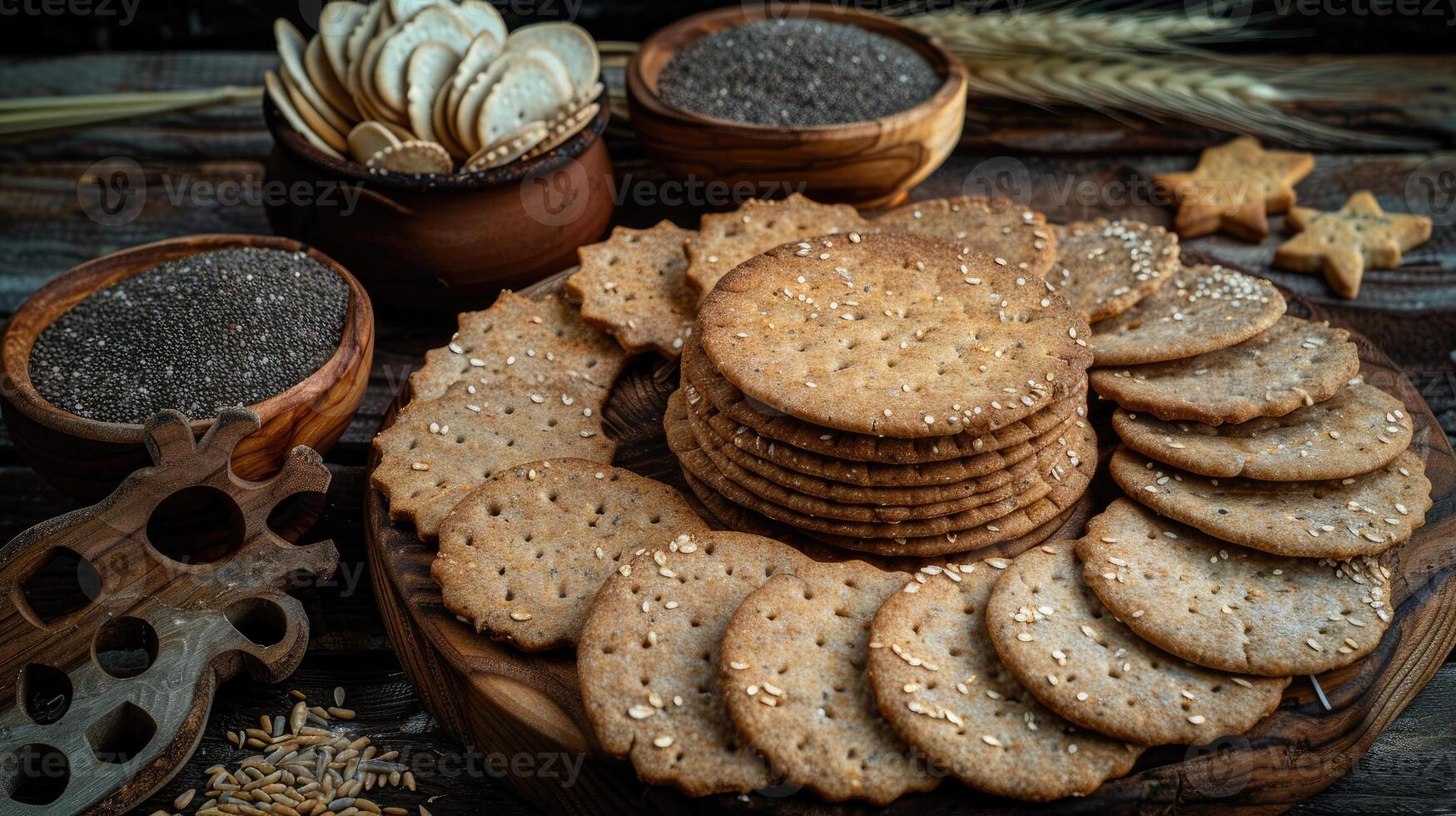 A variety of crackers and other snacks on a wooden table photo
