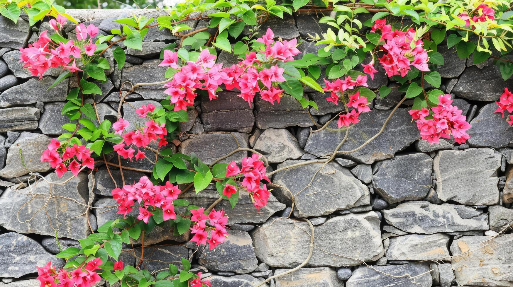 Bougainvillea flowers on stone wall photo