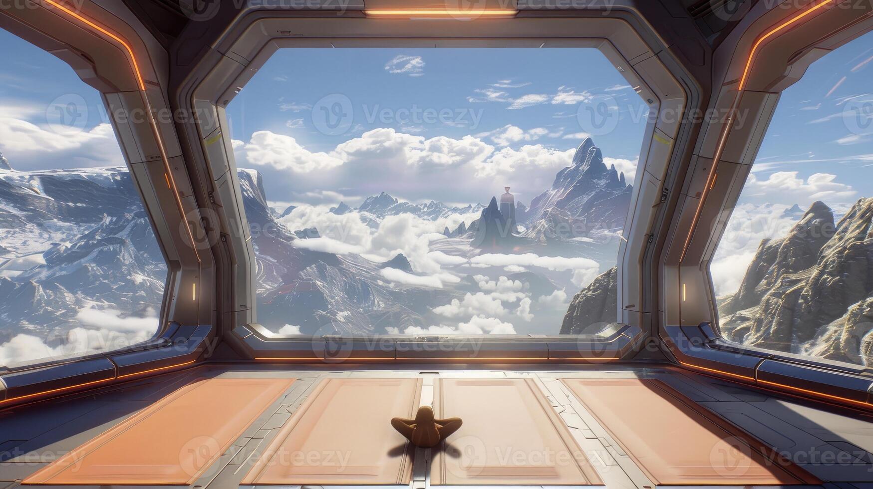 A futuristic spaceship with a window looking out over mountains photo