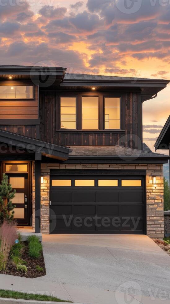 A modern home with a large garage door photo