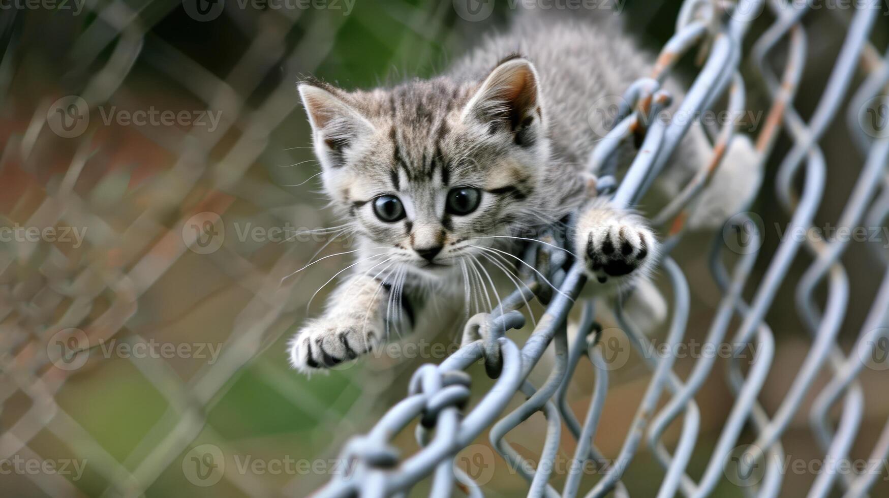 A kitten climbing over a chain link fence photo