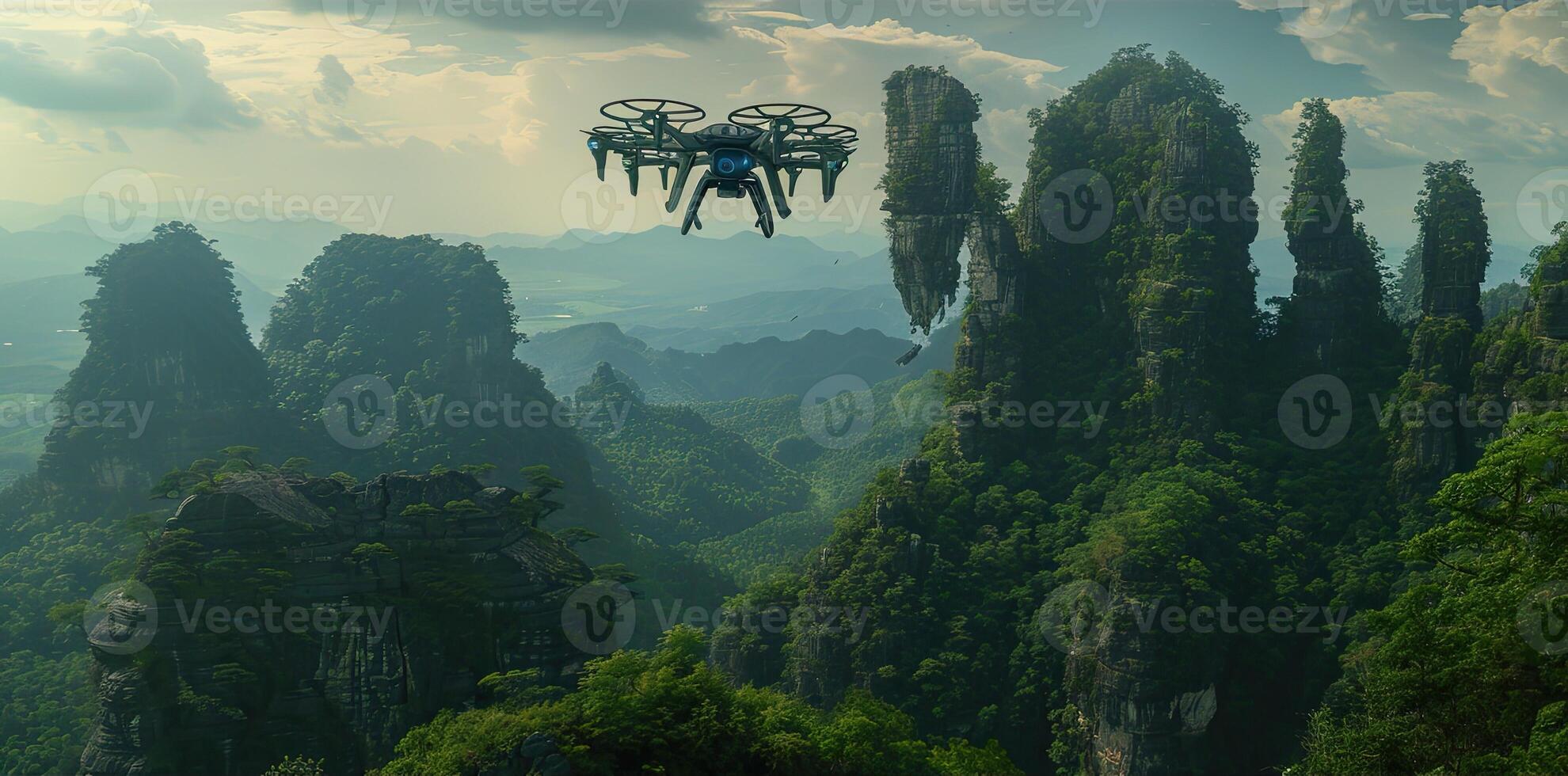 A drone flying over a mountain range with some rocks photo