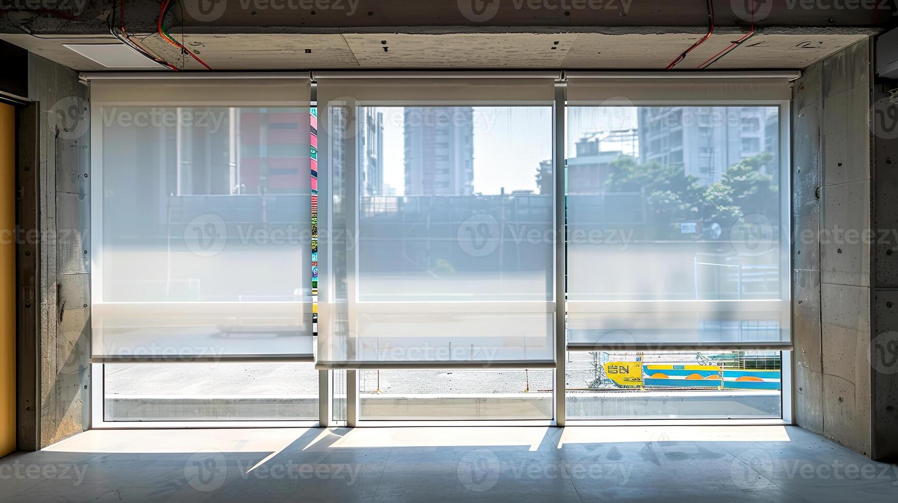 A large window with a large white curtain photo