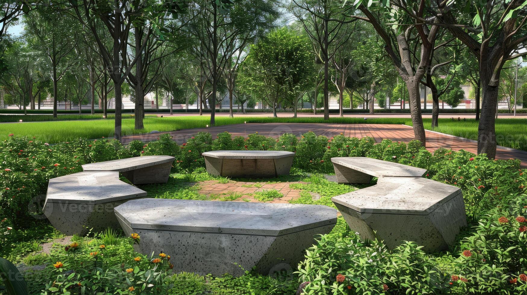 A park with concrete benches in the middle of it photo