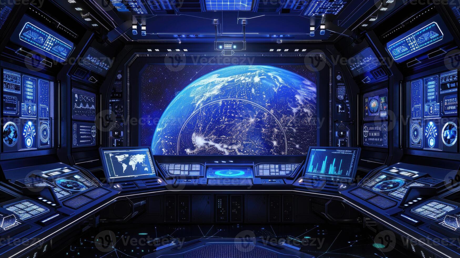 A futuristic space station with a large screen and many monitors photo