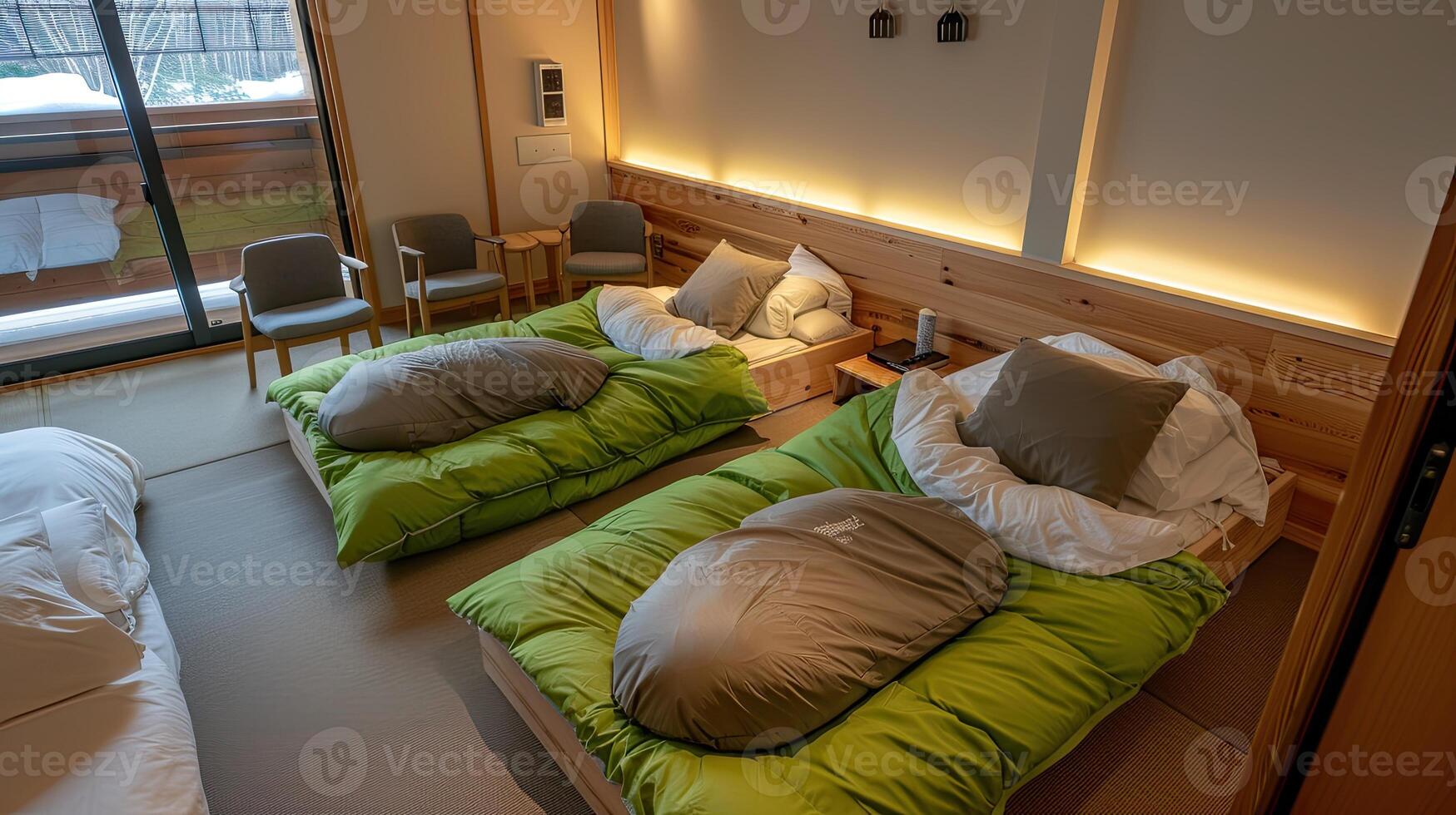 A couple of beds in a room with a window photo