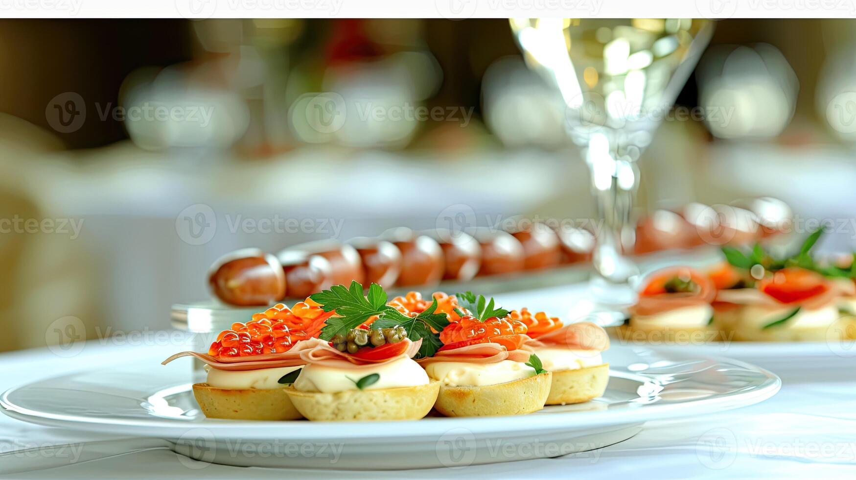 A table with a glass of wine and appetizers photo