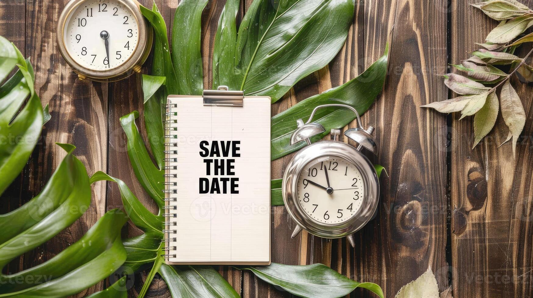 Save the date text on a clipboard and a clock on a wooden background photo
