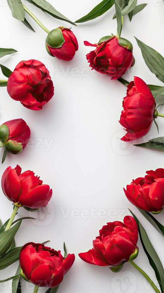 Red tulips arranged in a circle on a white background photo