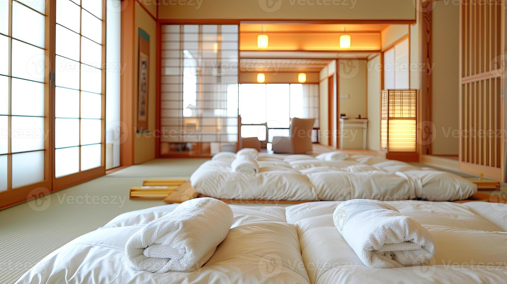 A room with two beds and a window photo