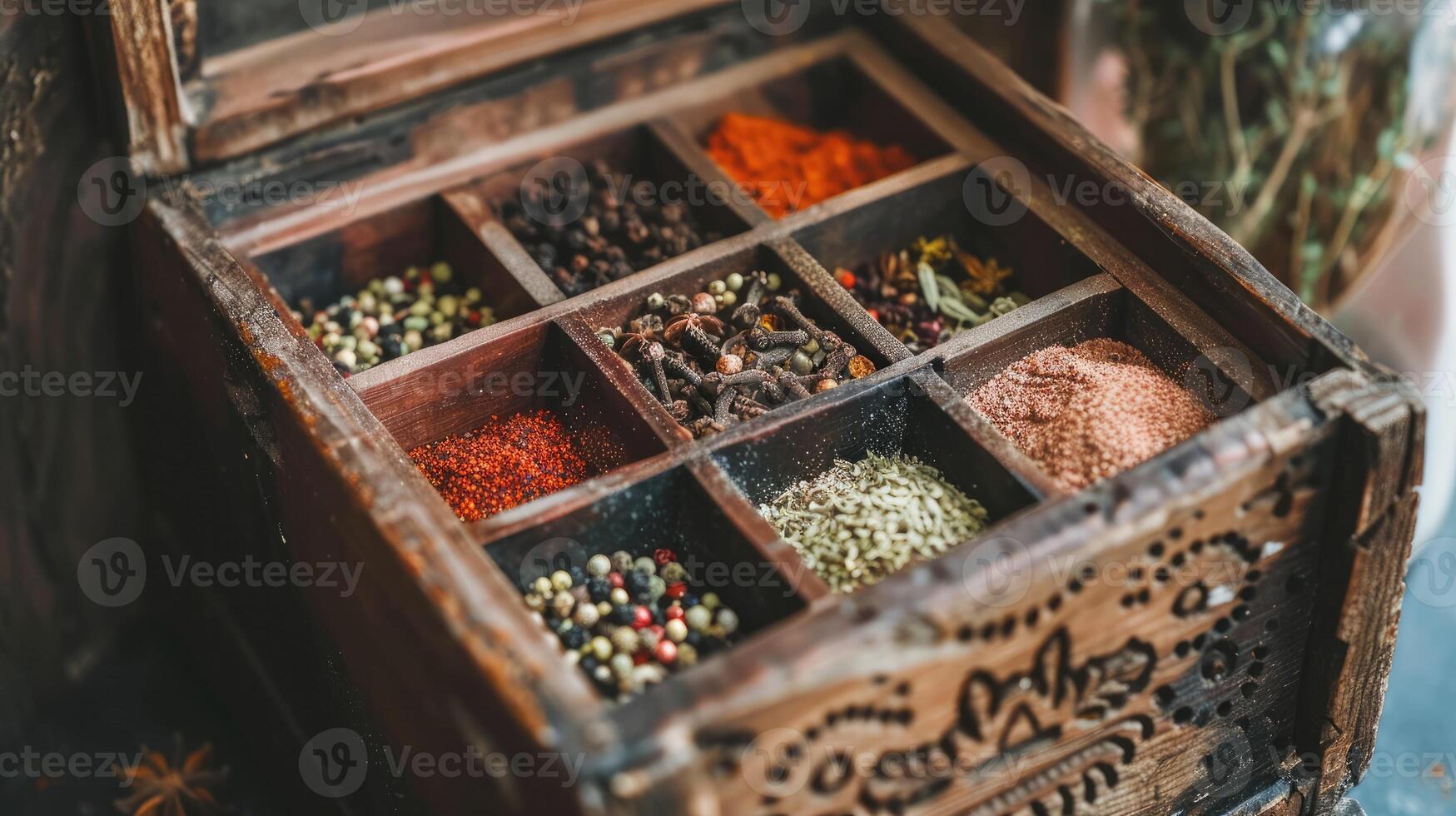 A wooden box filled with spices photo