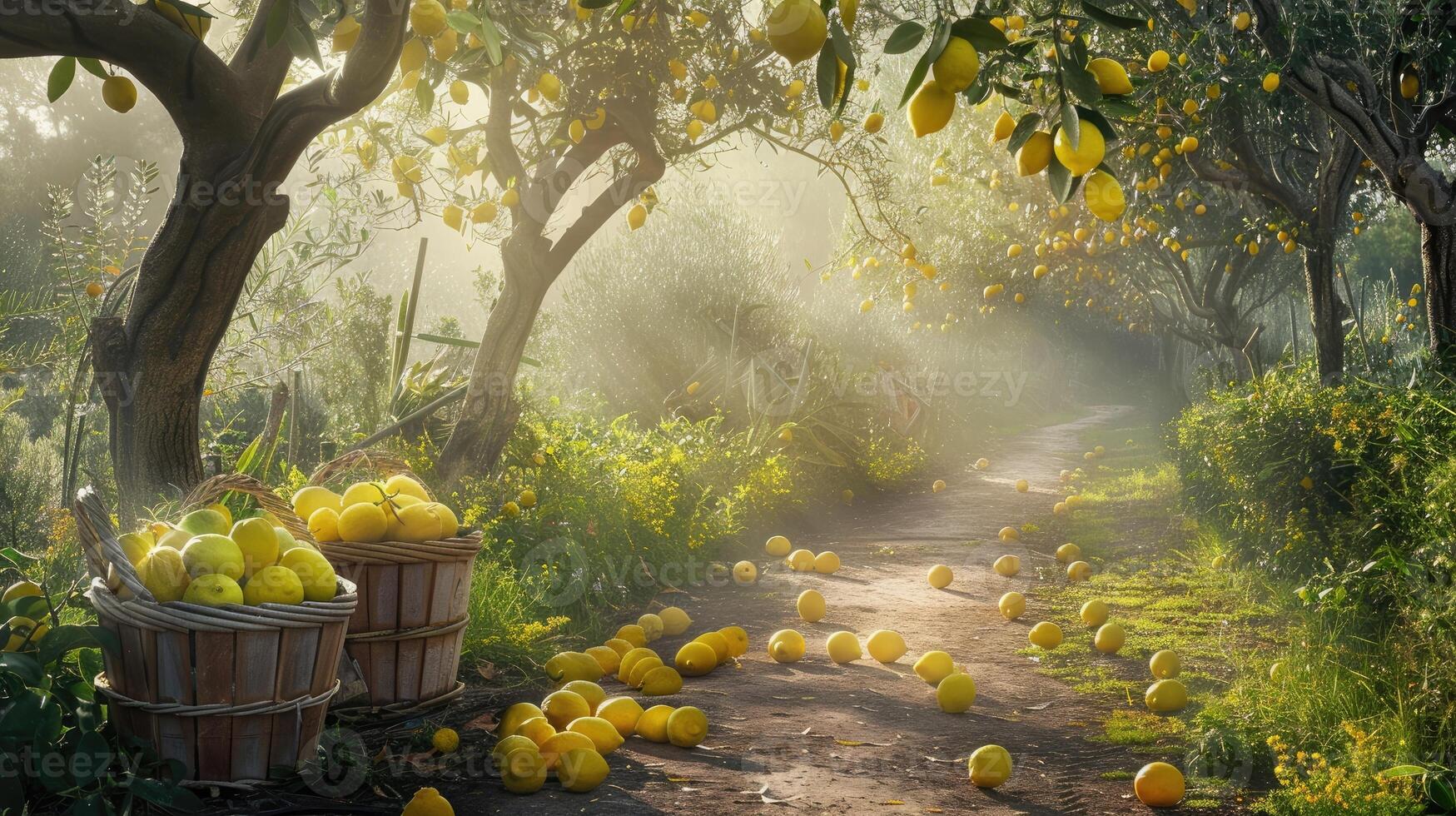 Lemon trees in the garden with baskets of lemons photo