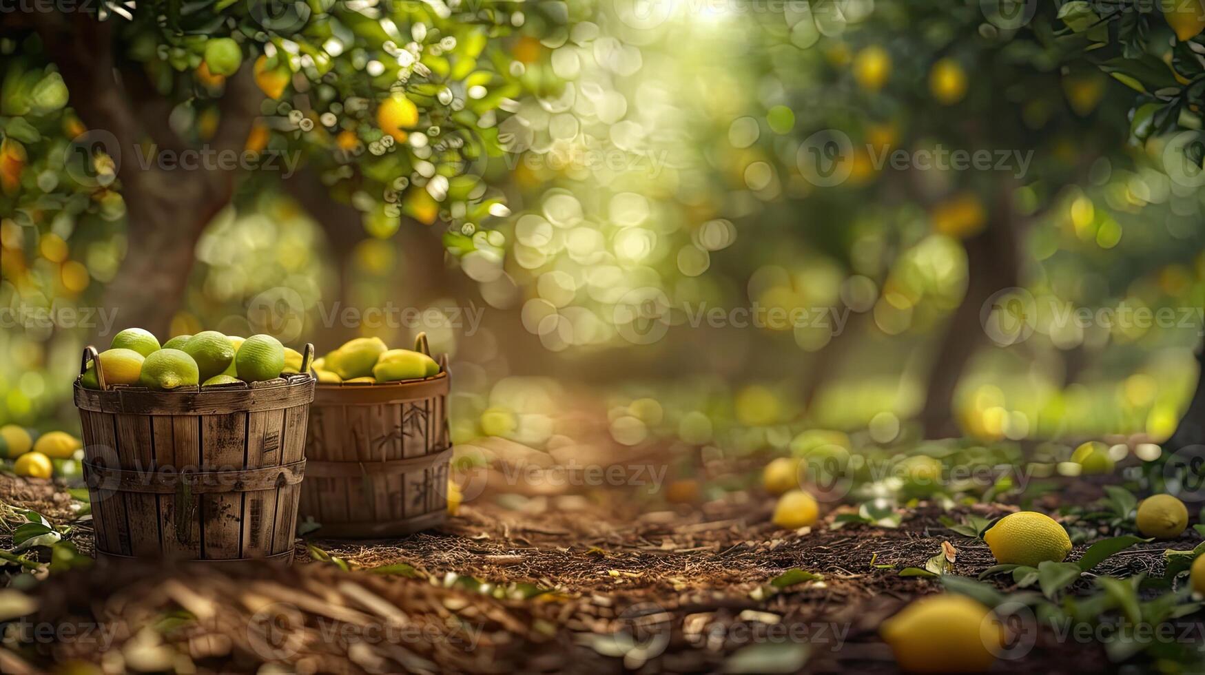Lemon trees in an orchard with baskets of lemons photo
