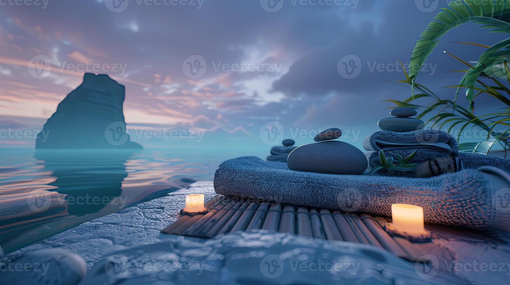 A scene with a stone bench and candles on it photo
