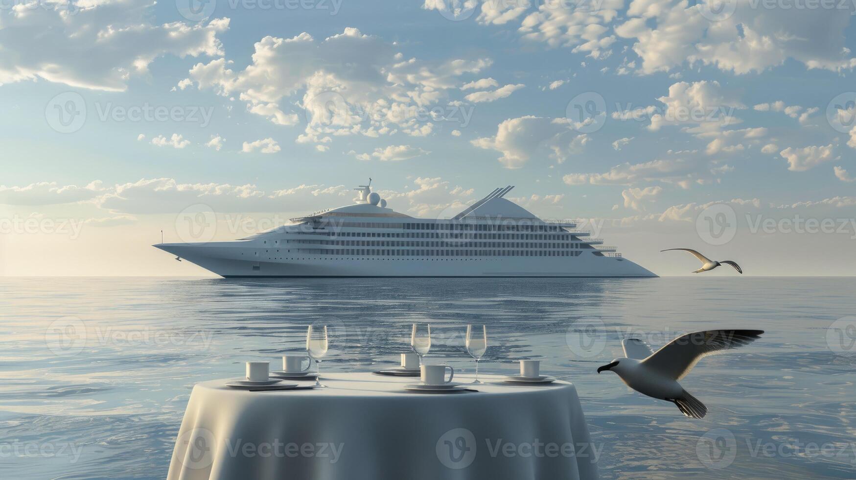 A table with a cruise ship in the background photo