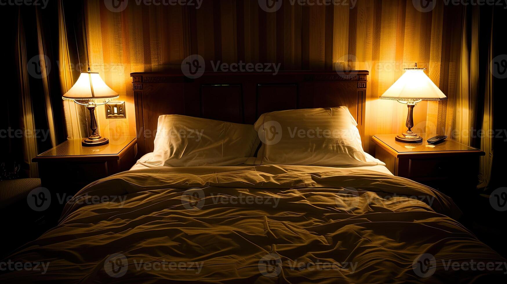 A bed with a headboard and two lamps photo