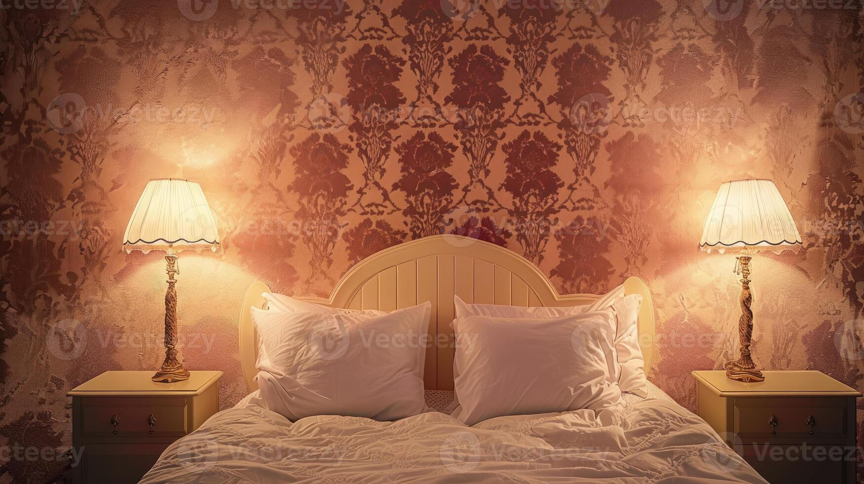 A bed with two lamps on it and a wallpapering photo