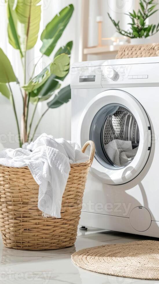 A washing machine with a basket of clothes in front of it photo