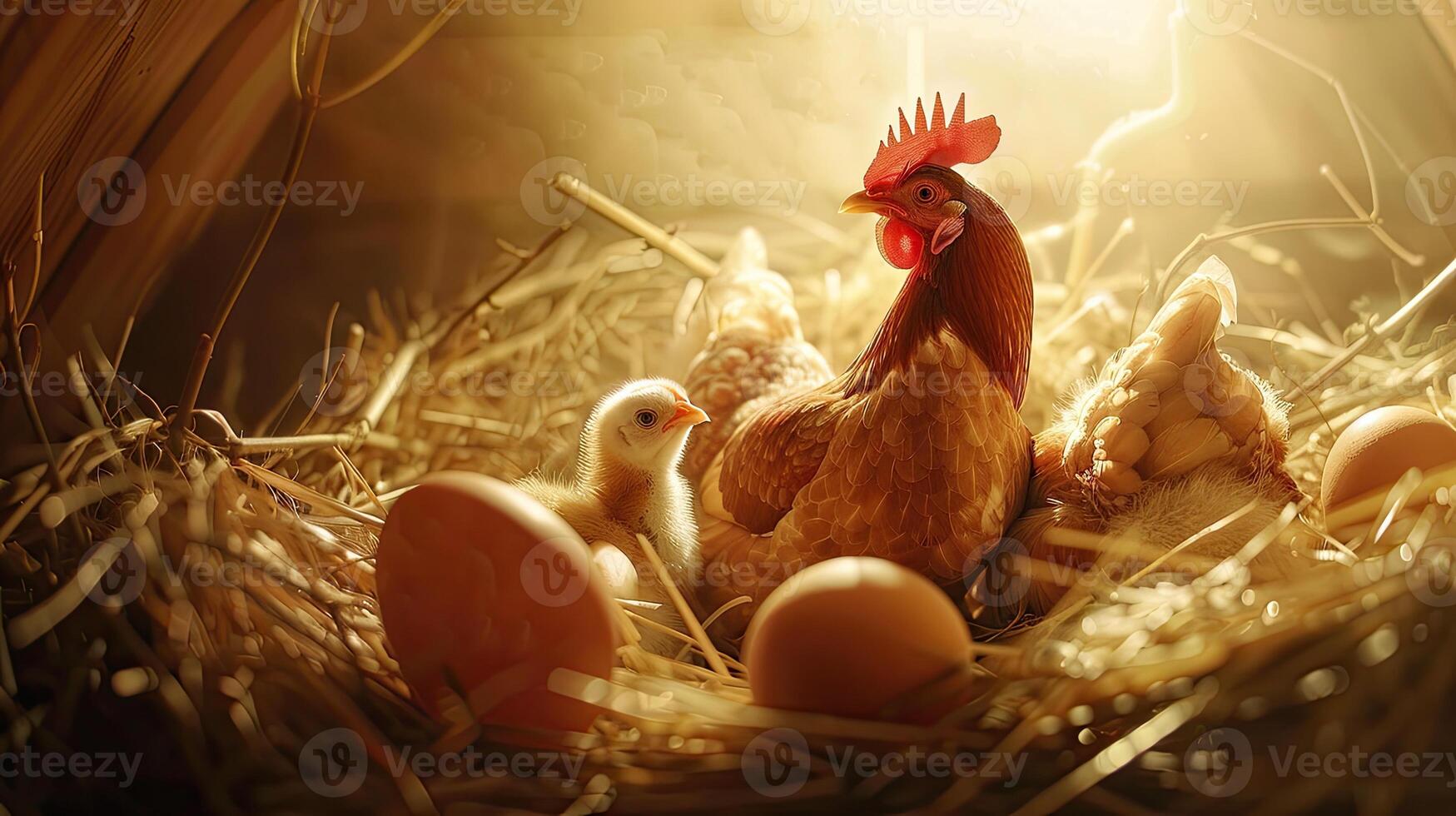 Chicken and eggs in a nest photo