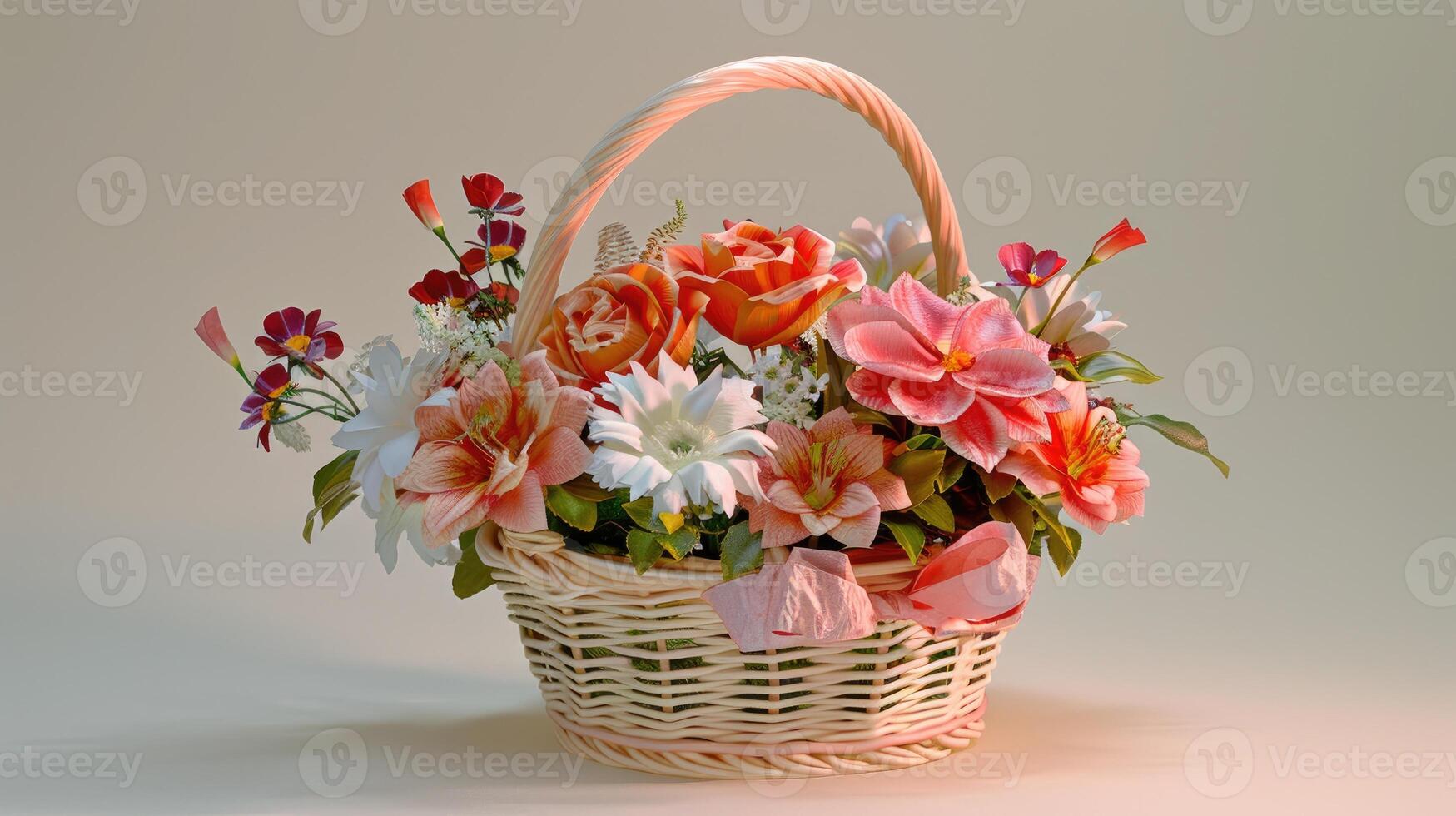 3d model of a basket with flowers on a table photo