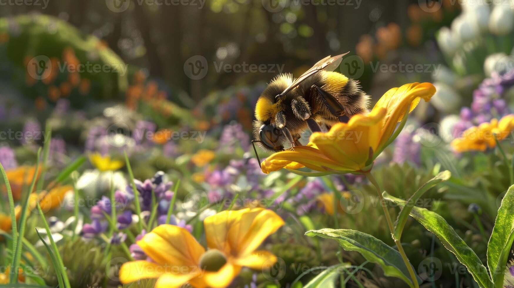 A bee is sitting on a flower in a field photo