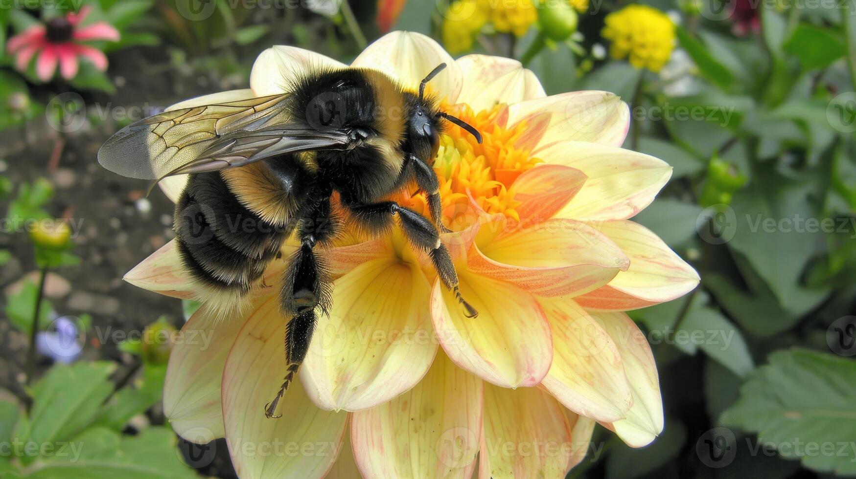 A bee on a yellow flower with a black and white body photo