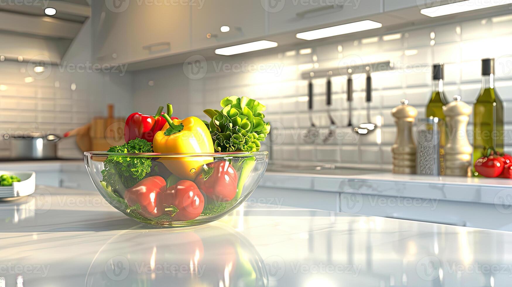 A bowl of vegetables in a kitchen photo