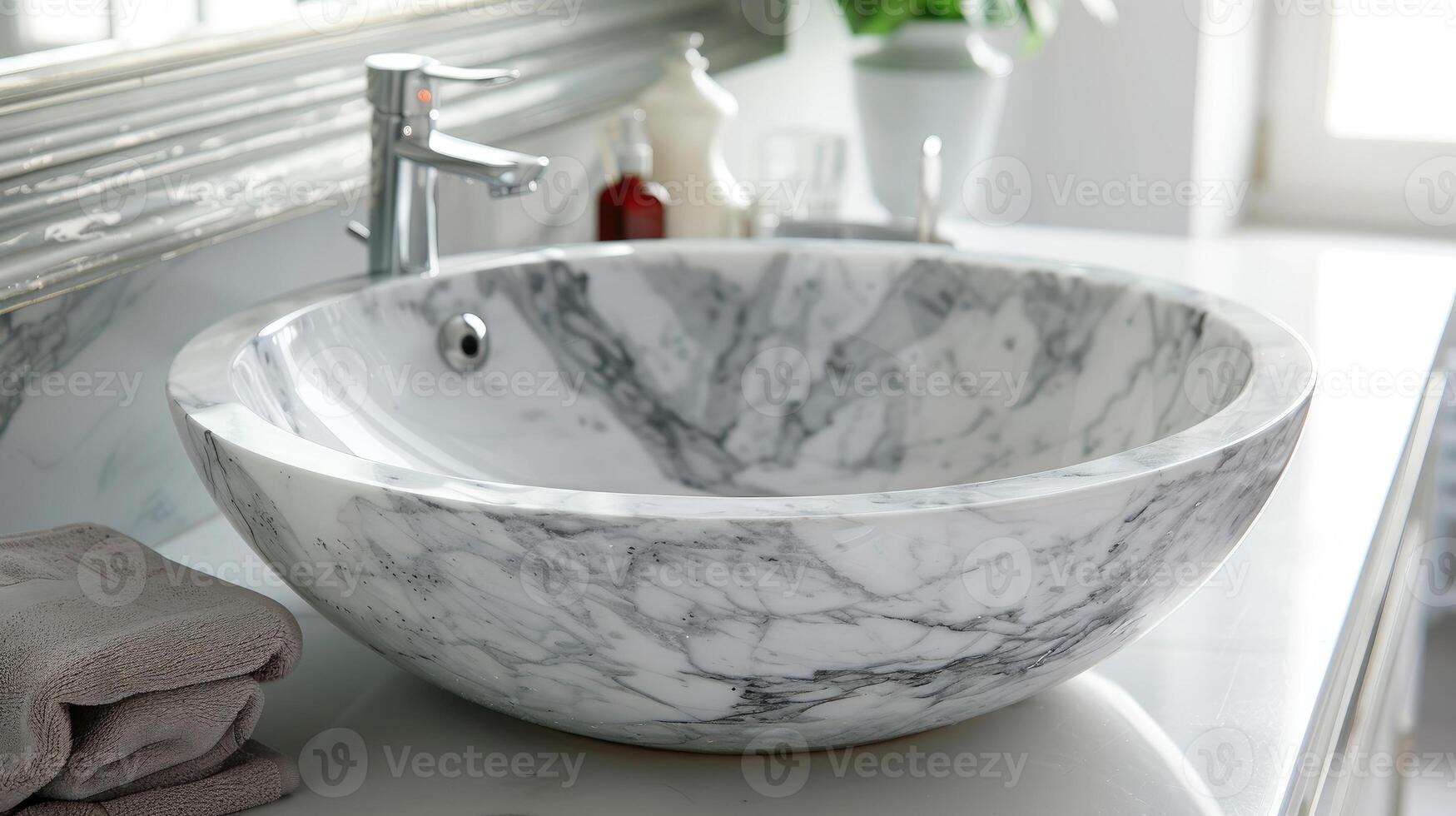A marble sink sitting on a counter top photo