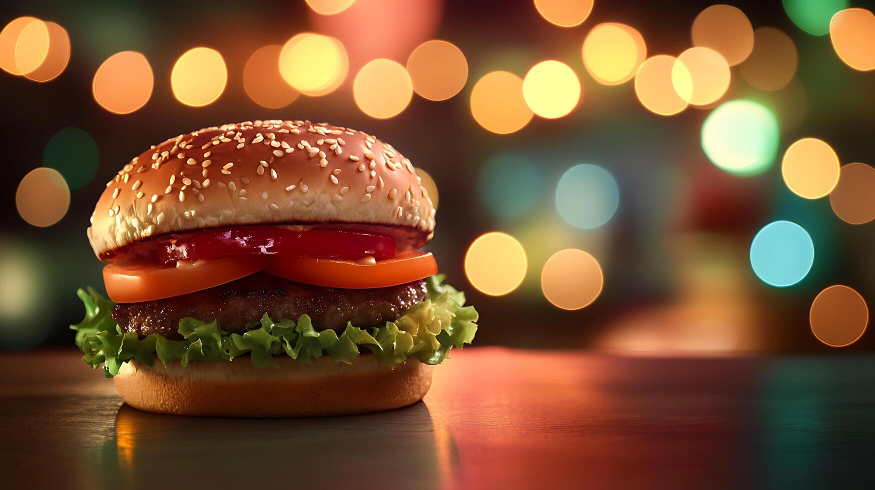 Golden Burger Juxtaposed with Radiant Bokeh on a Dark Scene photo