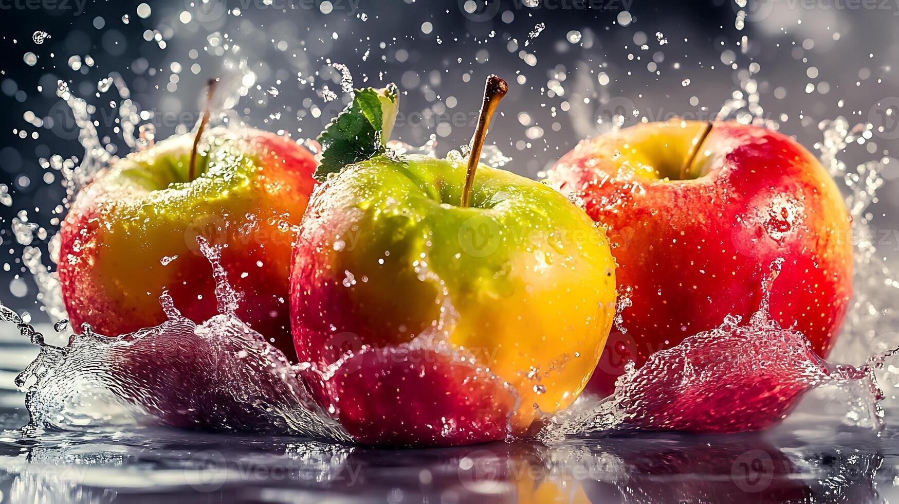Shiny Red Apple in Close-Up, with Clear Water Drops photo