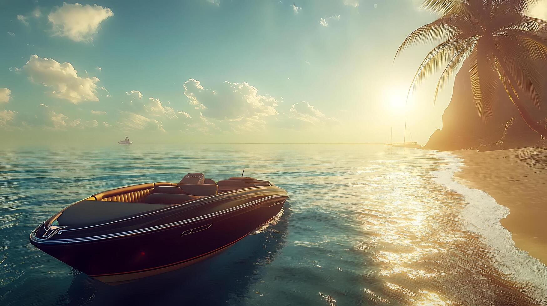 Sumptuous Boat Journey Over Azure Ocean Surrounded by Sunlight photo
