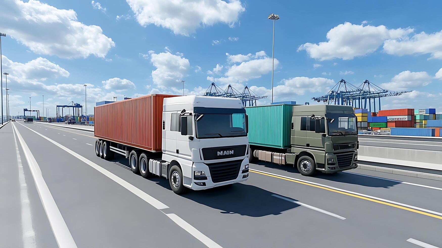 Cargo Trucks Hauling Containers on a Highway Near an Industrial Port photo