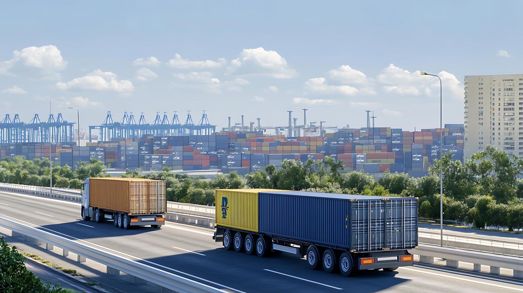 Highway Cargo and Portside Infrastructure Showcasing Global Shipping Flow photo